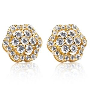 Pretty Yellow Gold Sterling Silver Rave Flower Cluster HipHop ScrewBack Earrings